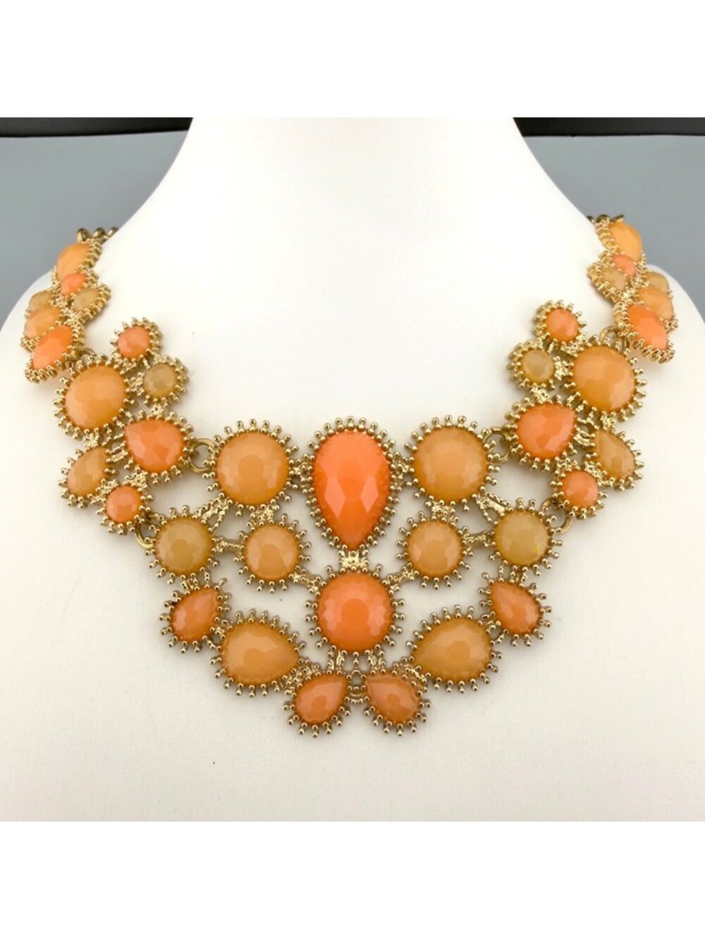 Statement Bib Necklace Orange Peach Faceted Gemstones Gold Tone 20"